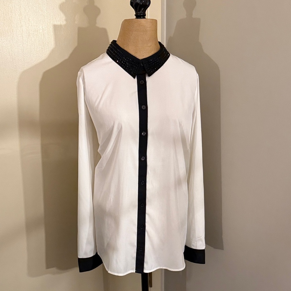 White and Black Button-Up Shirt with Beaded Collar